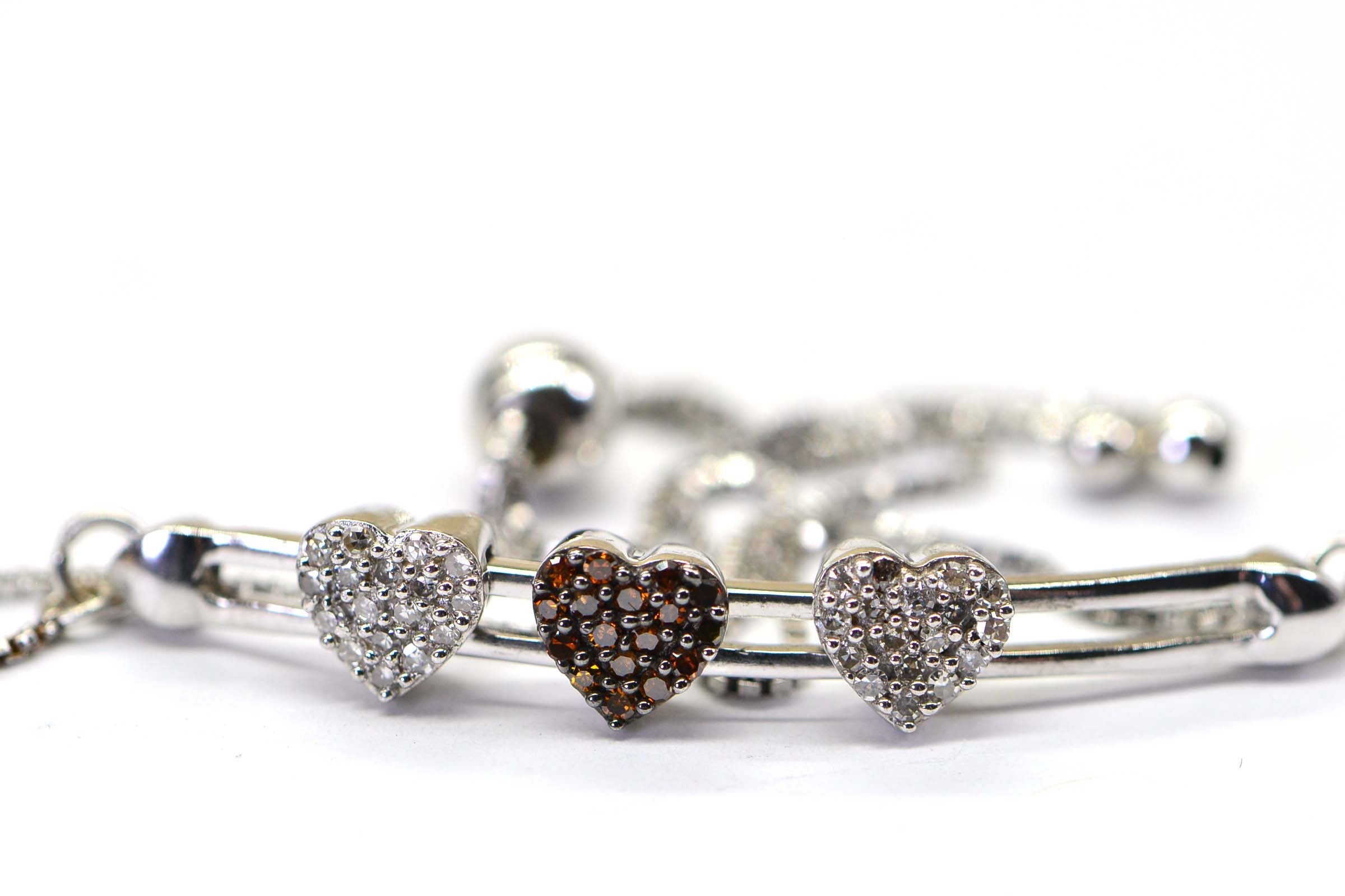 Brown Real Diamond Three Hearts Bar Sterling Silver Bolo  Bracelet