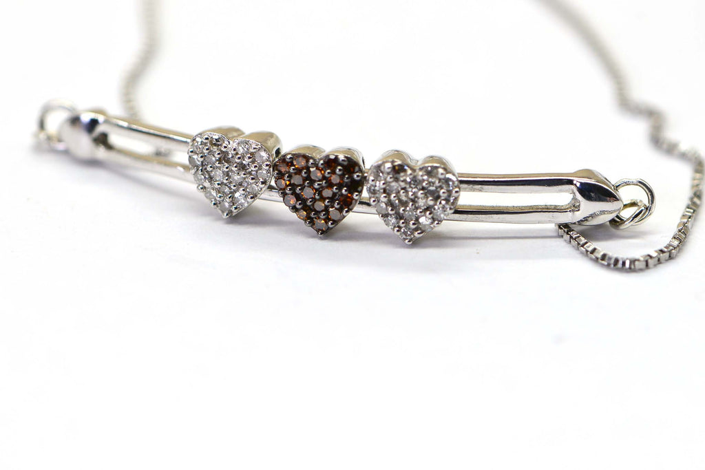 Brown Real Diamond Three Hearts Bar Sterling Silver Bolo  Bracelet
