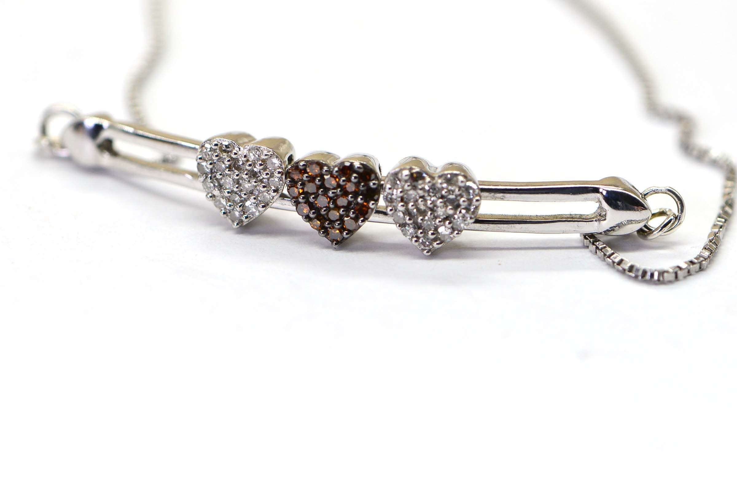 Brown Real Diamond Three Hearts Bar Sterling Silver Bolo  Bracelet