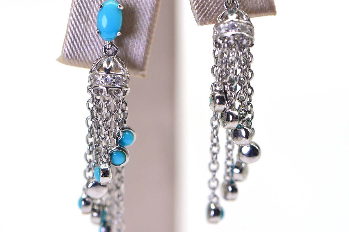 Arizona Turquoise Sleeping Beauty Earrings Chain Cascade Cluster Sterling Silver Earrings Birthstone Jewelry