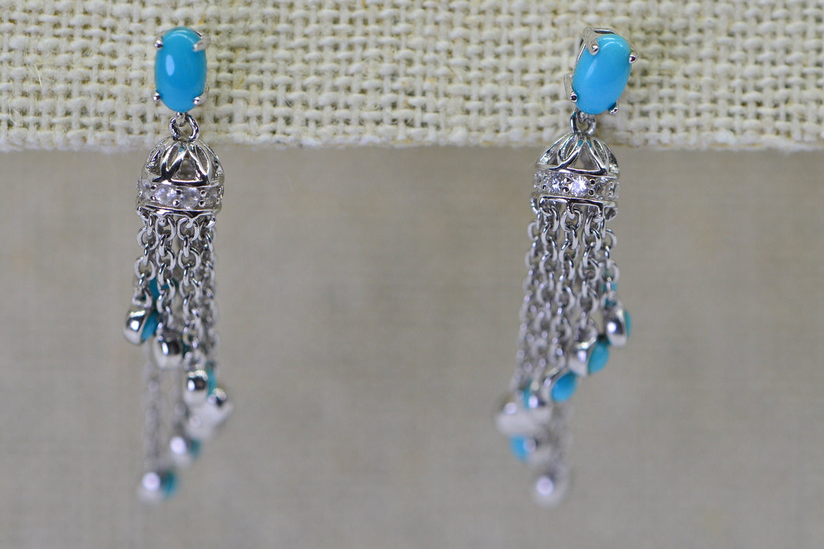Arizona Turquoise Sleeping Beauty Earrings Chain Cascade Cluster Sterling Silver Earrings Birthstone Jewelry
