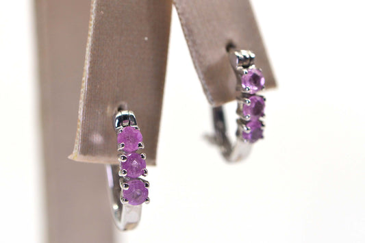 Natural Pink Sapphire Tiny Hoop Three Stone Hinge Earrings Post back
