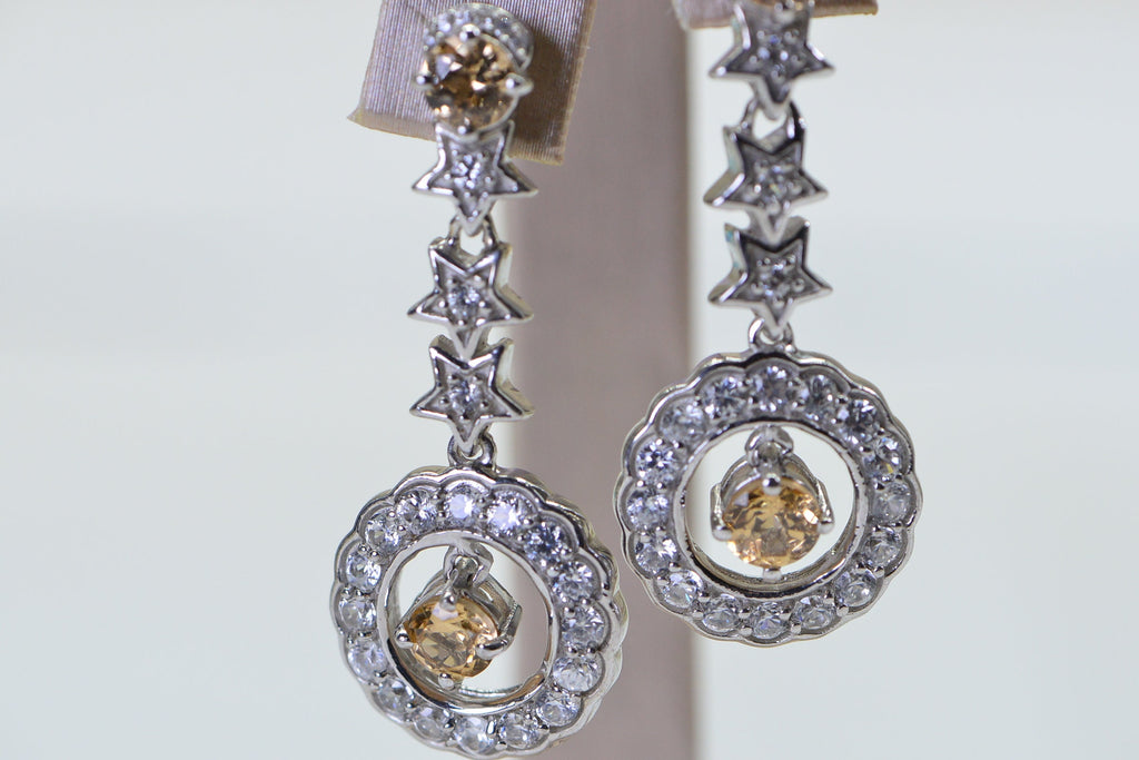 Citrine Star Chandelier Earrings: Sparkly Sterling Silver, 1.5" Long