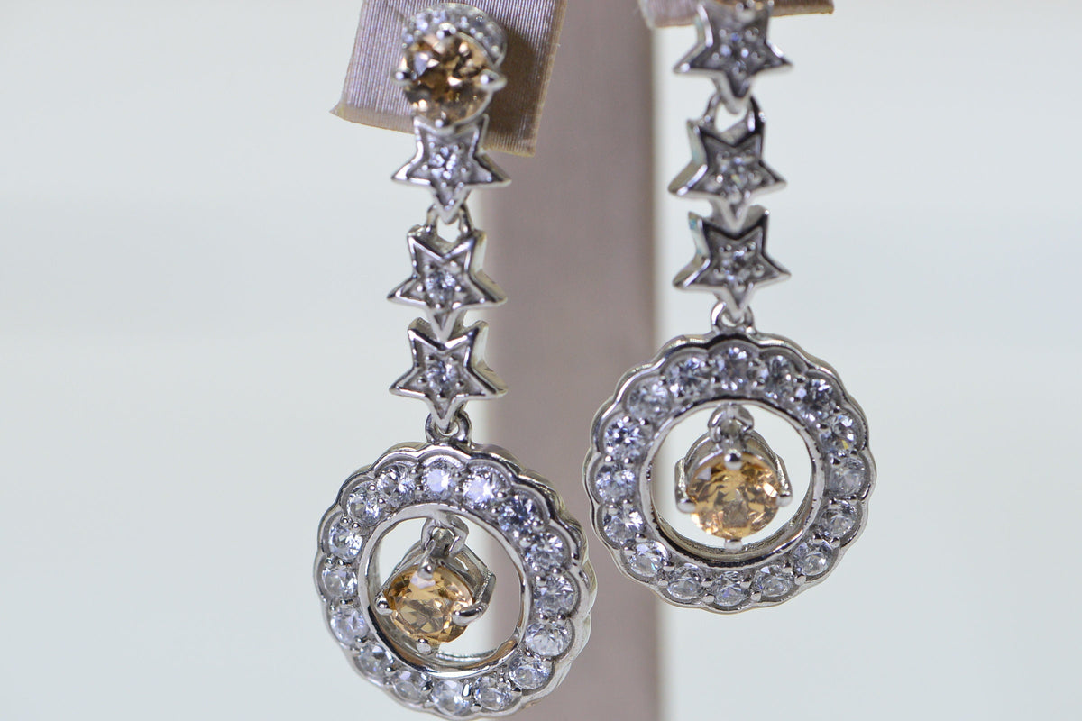 Citrine Star Chandelier Earrings: Sparkly Sterling Silver, 1.5" Long