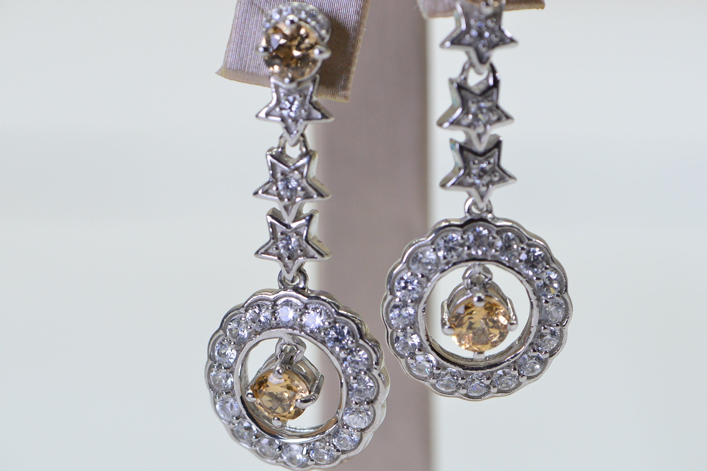 Citrine Star Chandelier Earrings: Sparkly Sterling Silver, 1.5" Long