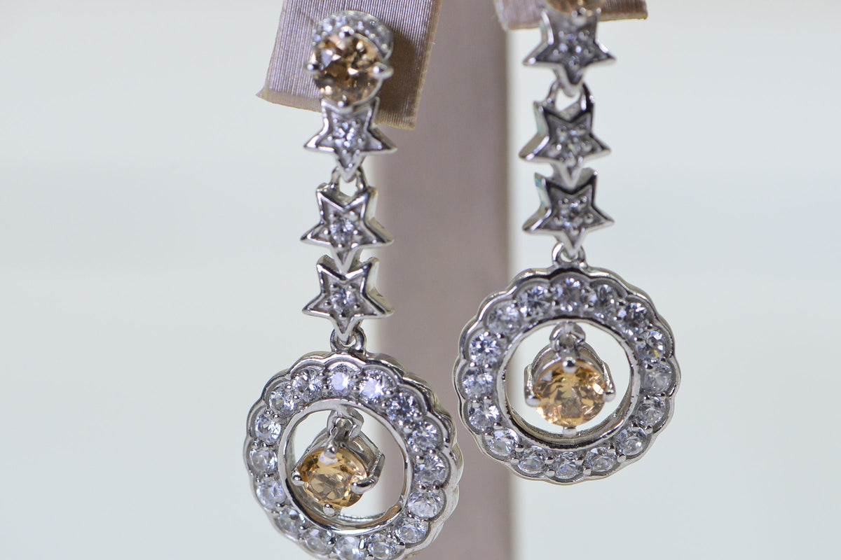 Citrine Star Chandelier Earrings: Sparkly Sterling Silver, 1.5" Long