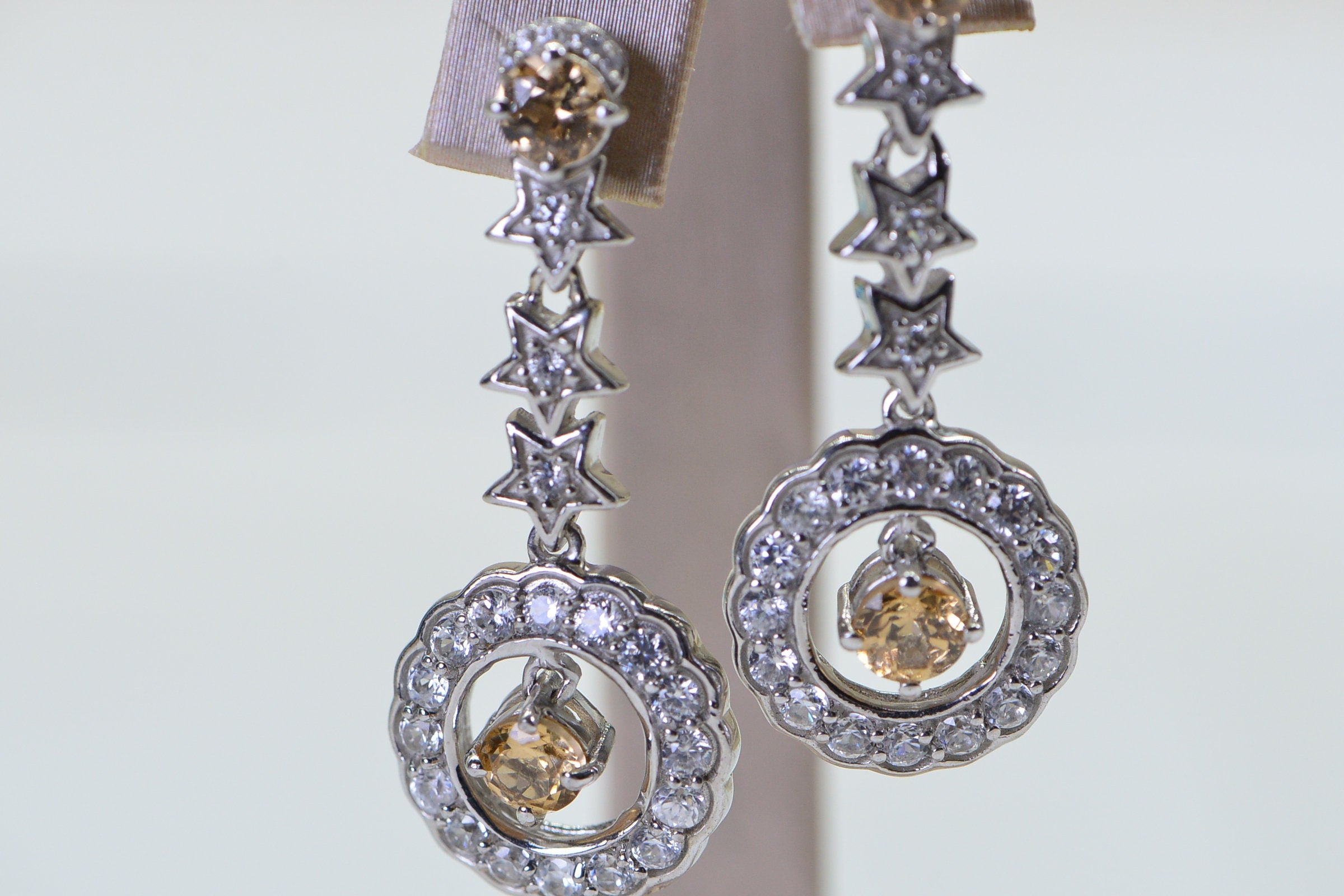 Citrine Star Chandelier Earrings: Sparkly Sterling Silver, 1.5" Long
