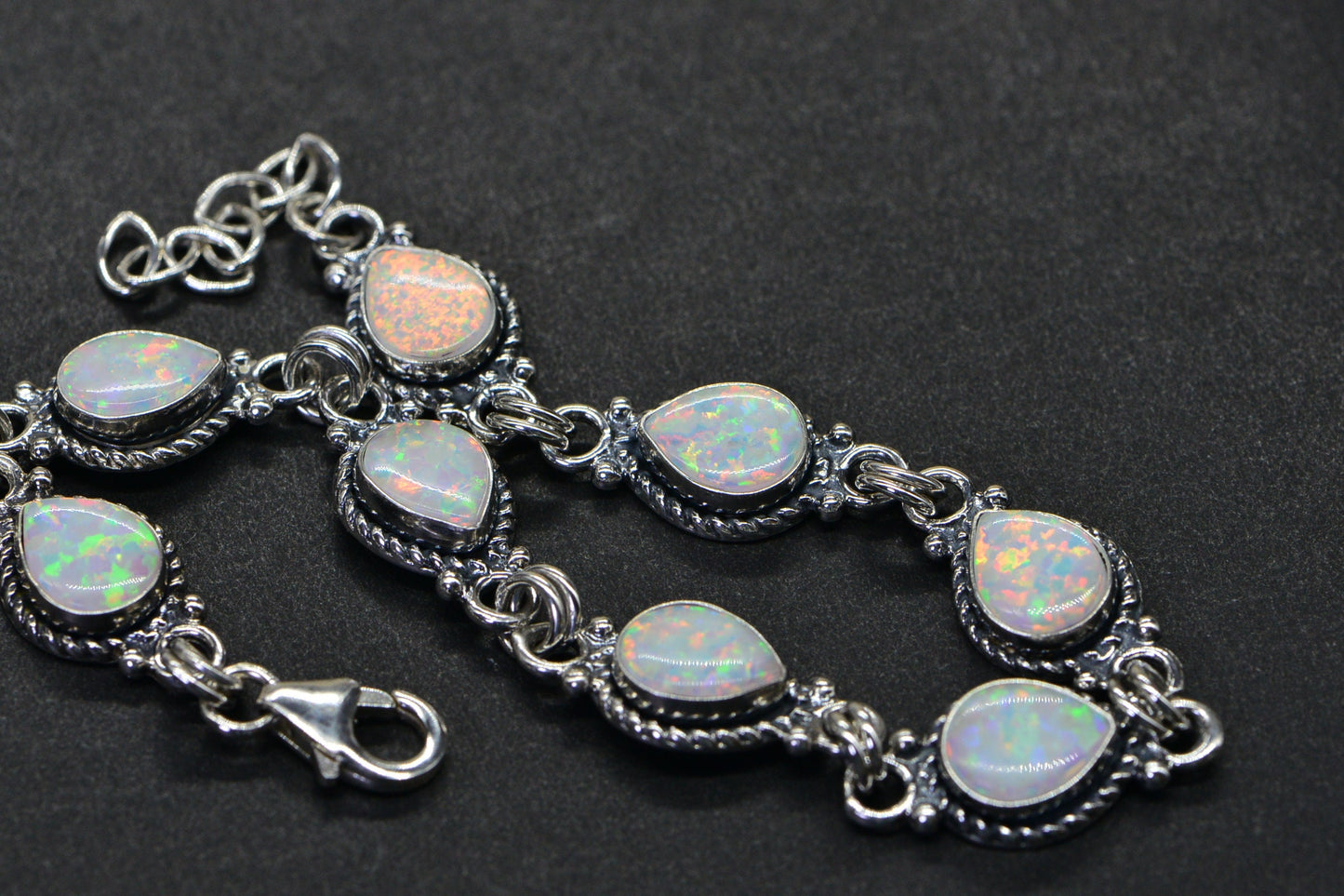 White Opal Bracelet Sterling Silver Chain Gemstone Bezel Setting Opal Birthstone October
