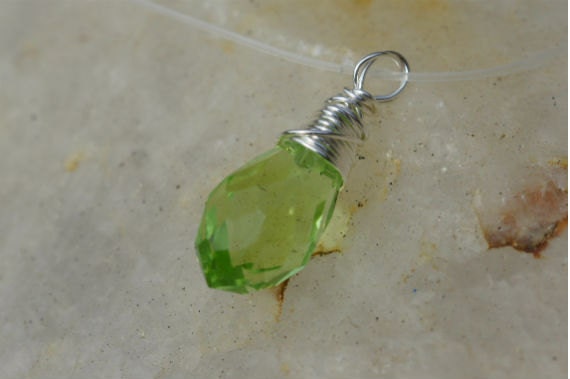 Crystal Green Teardrops Peridot Pendant Wire Wrapped Charm Silver Birthstone August one teardrop