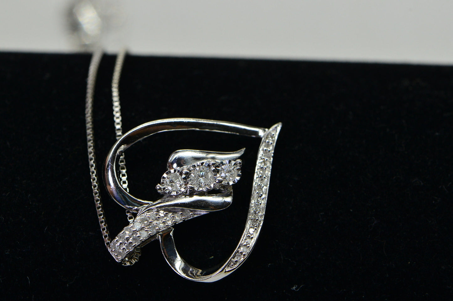 Diamond Heart Pendant Necklace, Sterling Silver Estate Jewelry