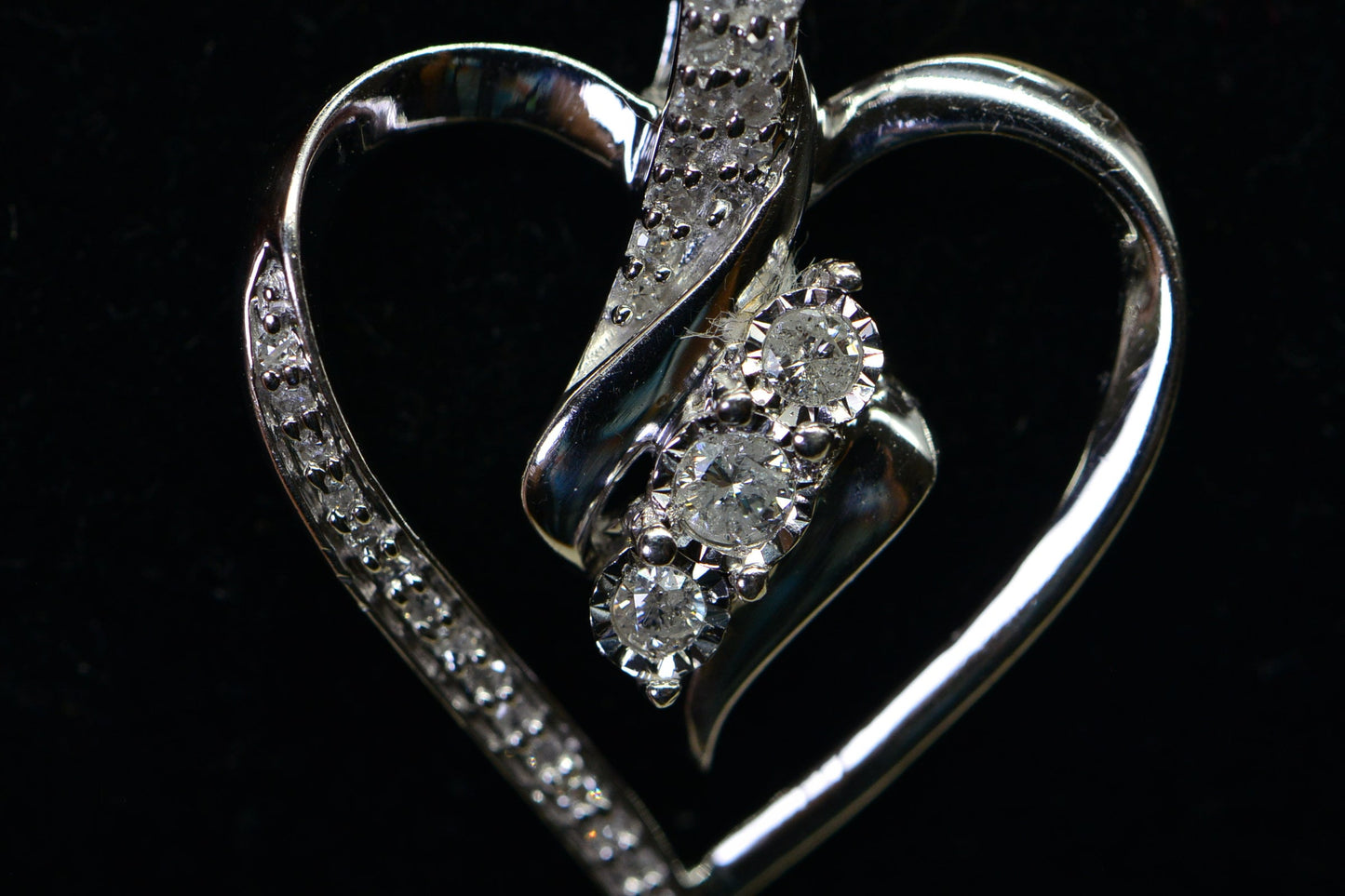 Diamond Heart Pendant Necklace, Sterling Silver Estate Jewelry