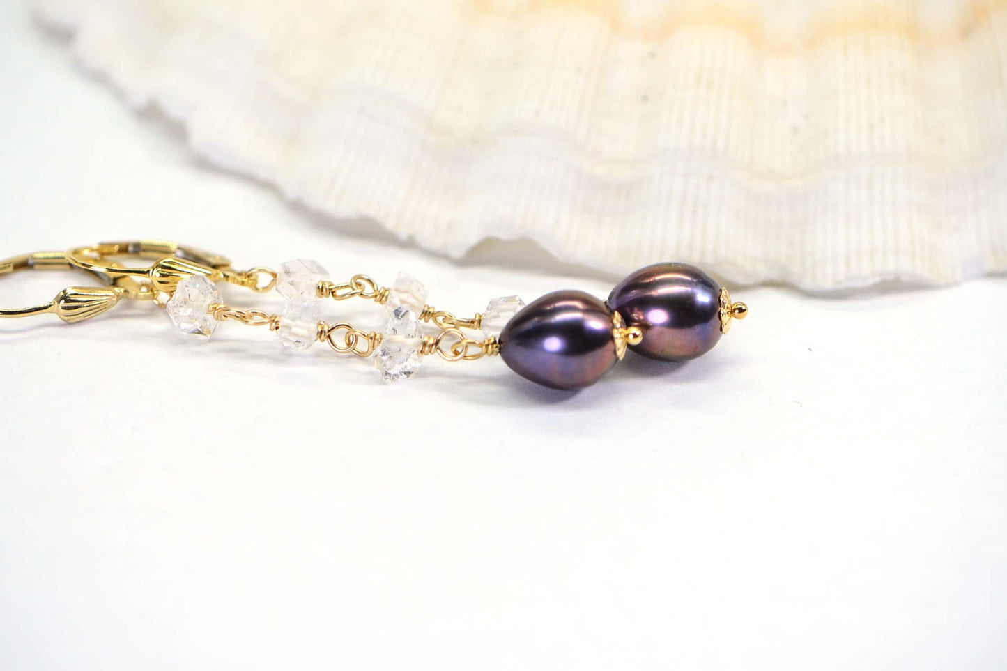 14K Gold Herkimer Diamond & Black Pearl Dangle Earrings