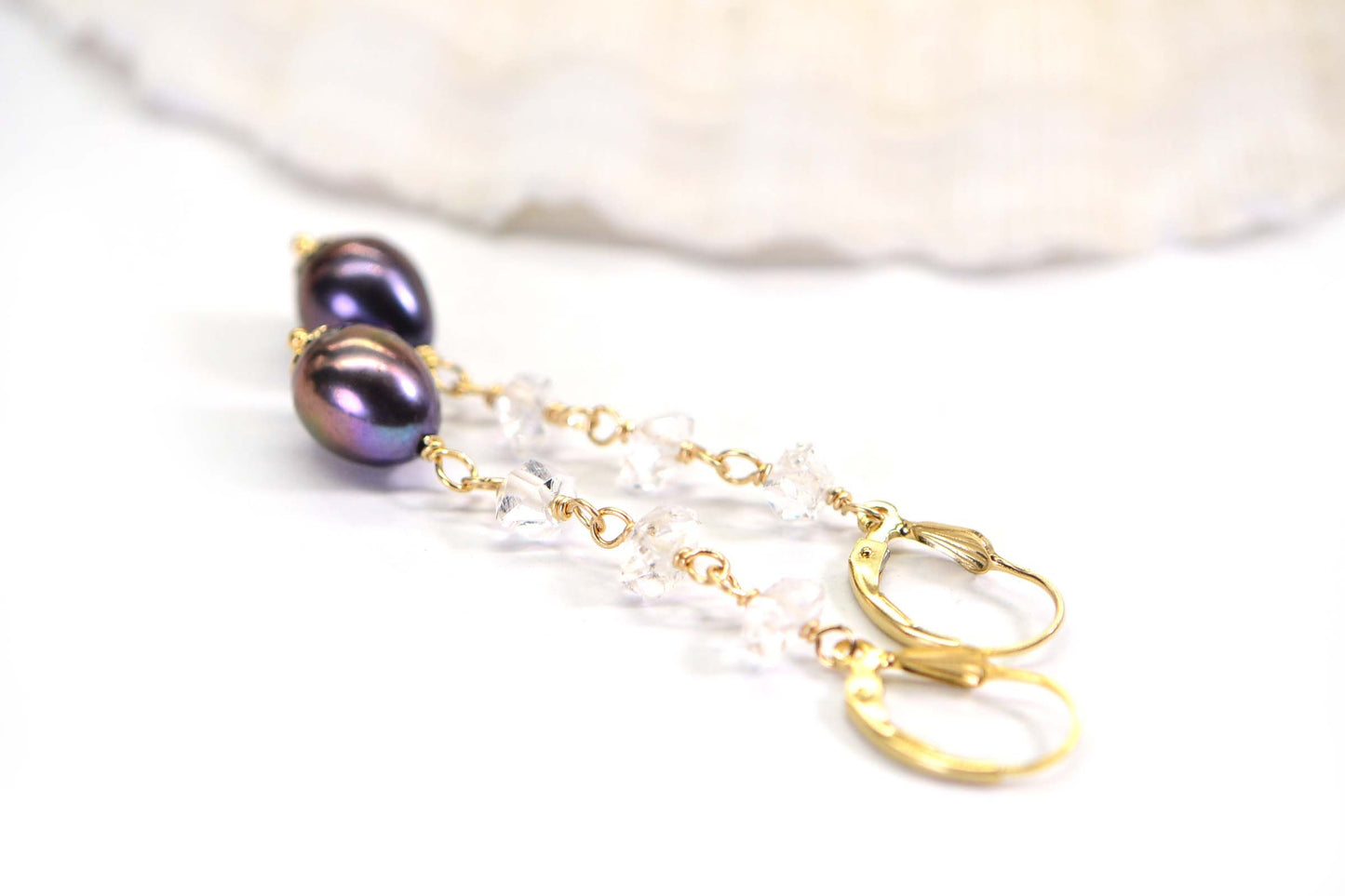 14K Gold Herkimer Diamond & Black Pearl Dangle Earrings