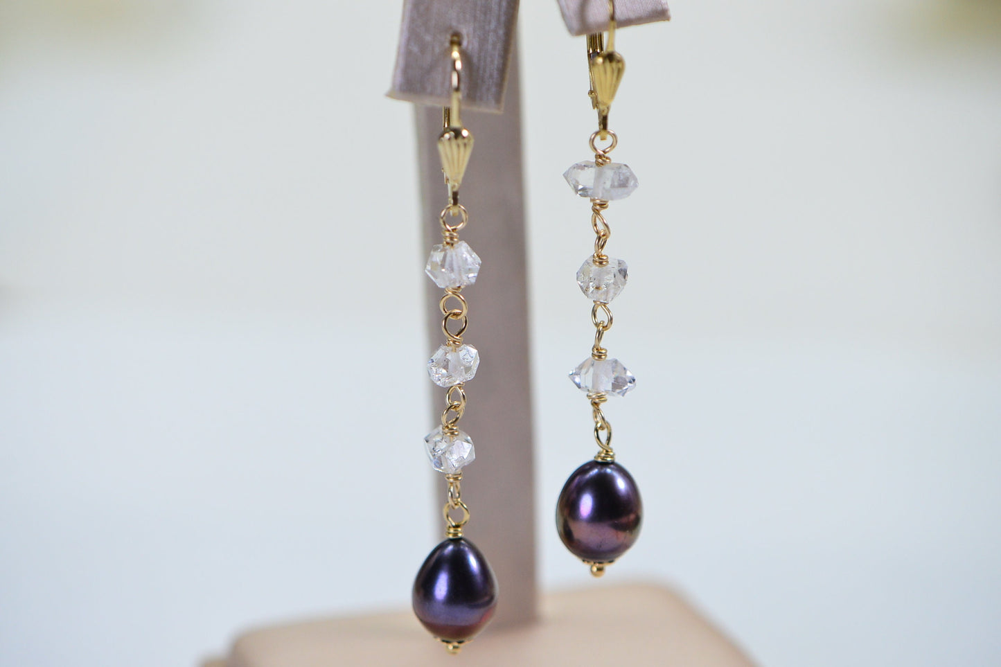14K Gold Herkimer Diamond & Black Pearl Dangle Earrings