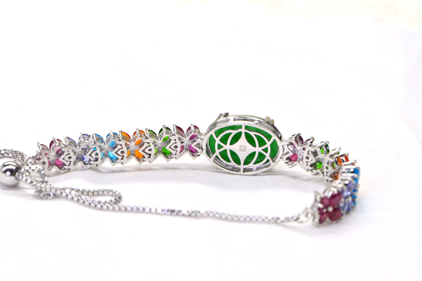 Apple Green Jade Bracelet, Sterling Silver Rainbow Gemstone Bolo Bracelet