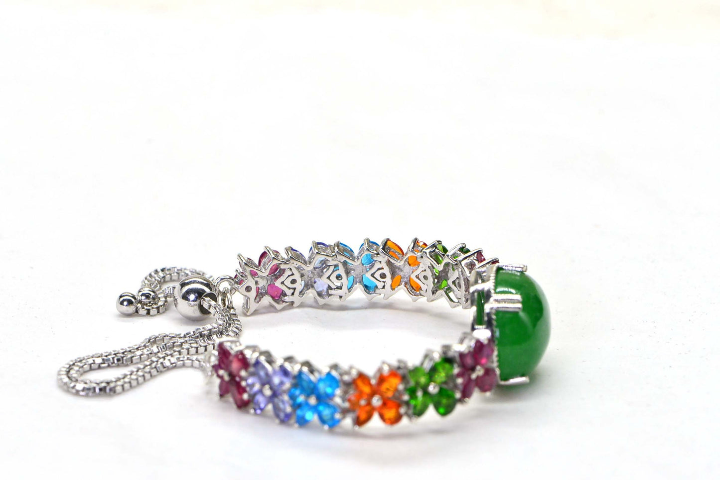 Apple Green Jade Bracelet, Sterling Silver Rainbow Gemstone Bolo Bracelet