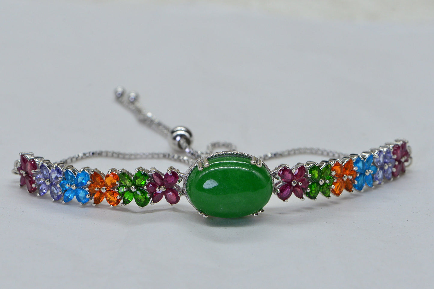 Apple Green Jade Bracelet, Sterling Silver Rainbow Gemstone Bolo Bracelet