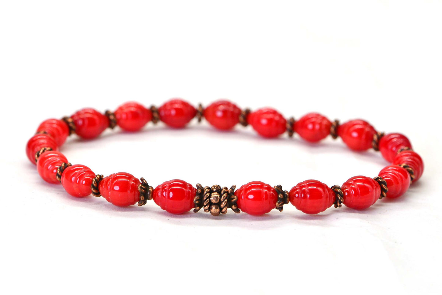 Bamboo Red Coral 8mm Beaded Stretch cord 3mm flower heishi  copper Yoga Gift Bracelet