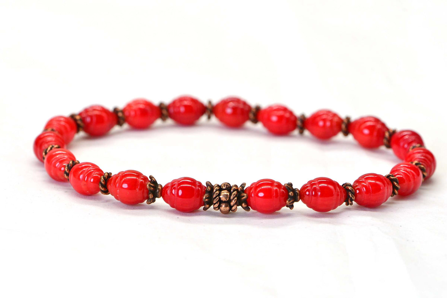 Bamboo Red Coral 8mm Beaded Stretch cord 3mm flower heishi  copper Yoga Gift Bracelet