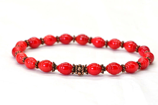 Bamboo Red Coral 8mm Beaded Stretch cord 3mm flower heishi  copper Yoga Gift Bracelet