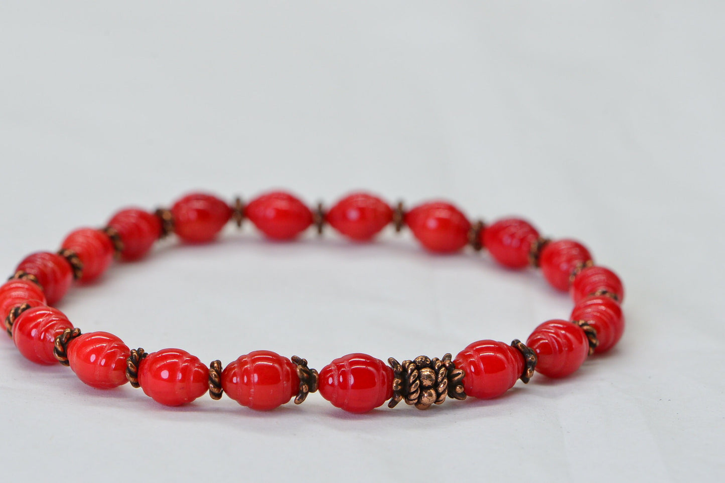 Bamboo Red Coral 8mm Beaded Stretch cord 3mm flower heishi  copper Yoga Gift Bracelet