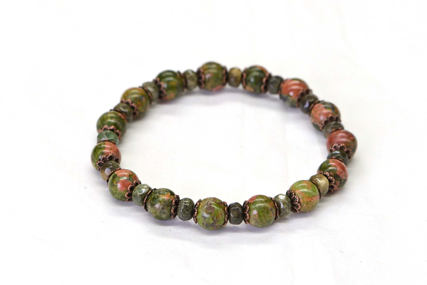 Unakite Gemstone Bracelet: Green & Orange Beaded Bracelet, 6mm