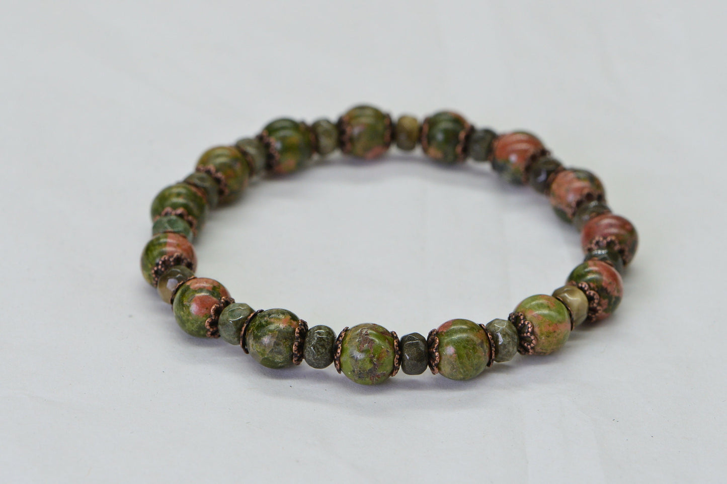 Unakite Gemstone Bracelet: Green & Orange Beaded Bracelet, 6mm