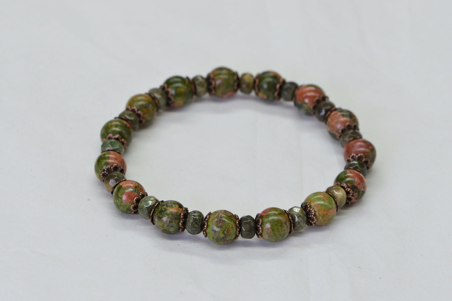 Unakite Gemstone Bracelet: Green & Orange Beaded Bracelet, 6mm
