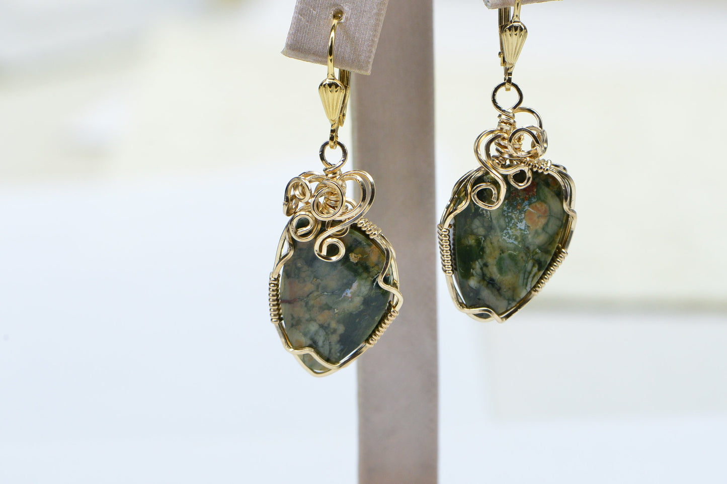 Rainforest Jasper Earrings, 14K Yellow Gold Filled Wire Wrapped Gemstone