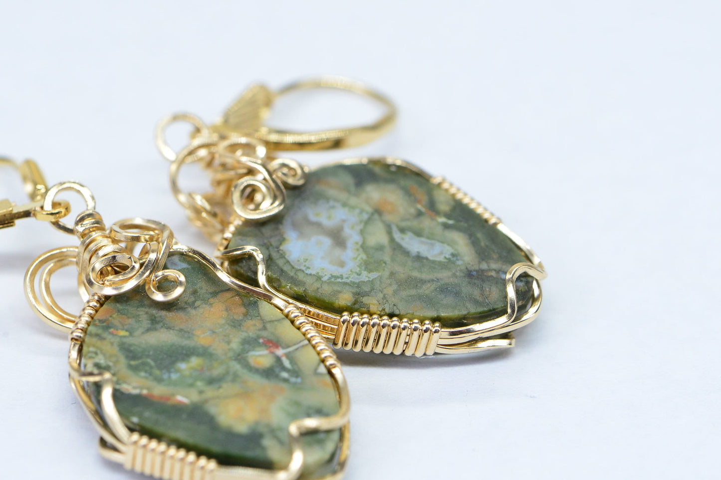 Rainforest Jasper Earrings, 14K Yellow Gold Filled Wire Wrapped Gemstone