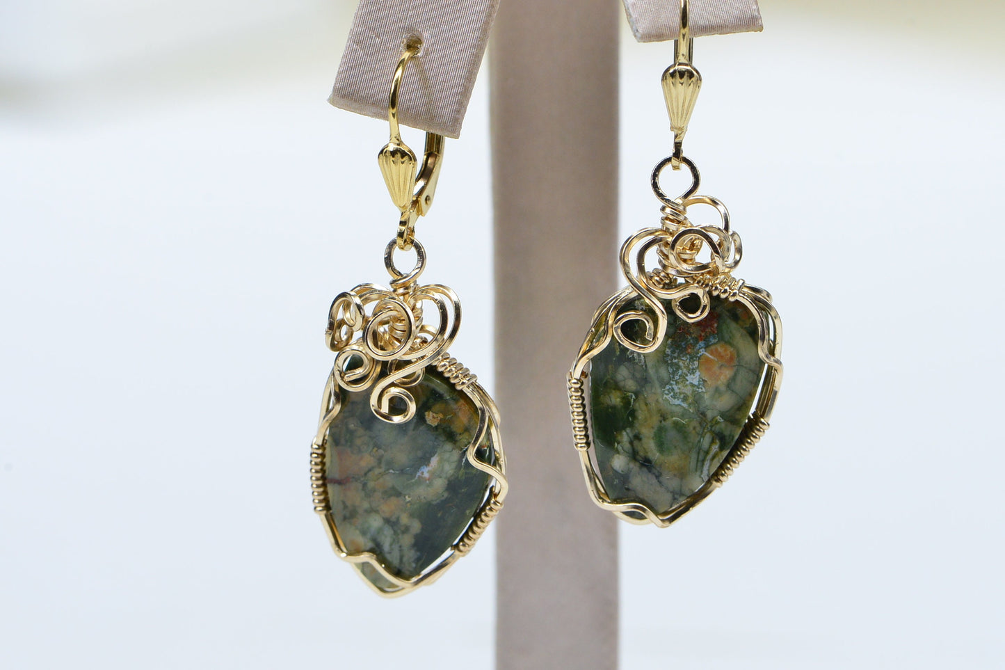 Rainforest Jasper Earrings, 14K Yellow Gold Filled Wire Wrapped Gemstone