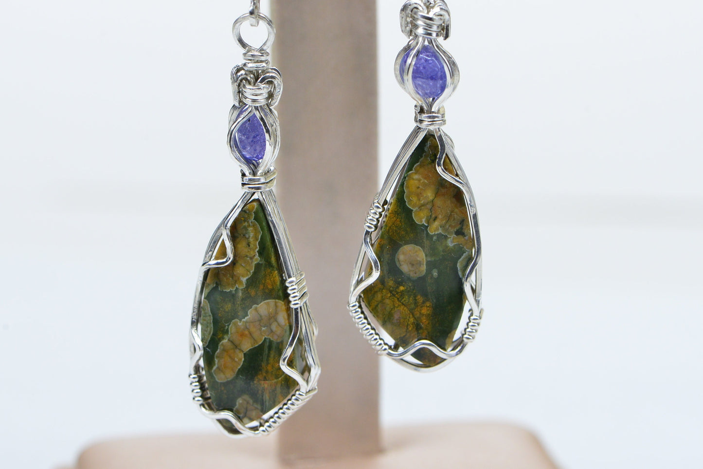 Rainforest Jasper Earrings, Sterling Silver Wire Wrapped with Tanzanite