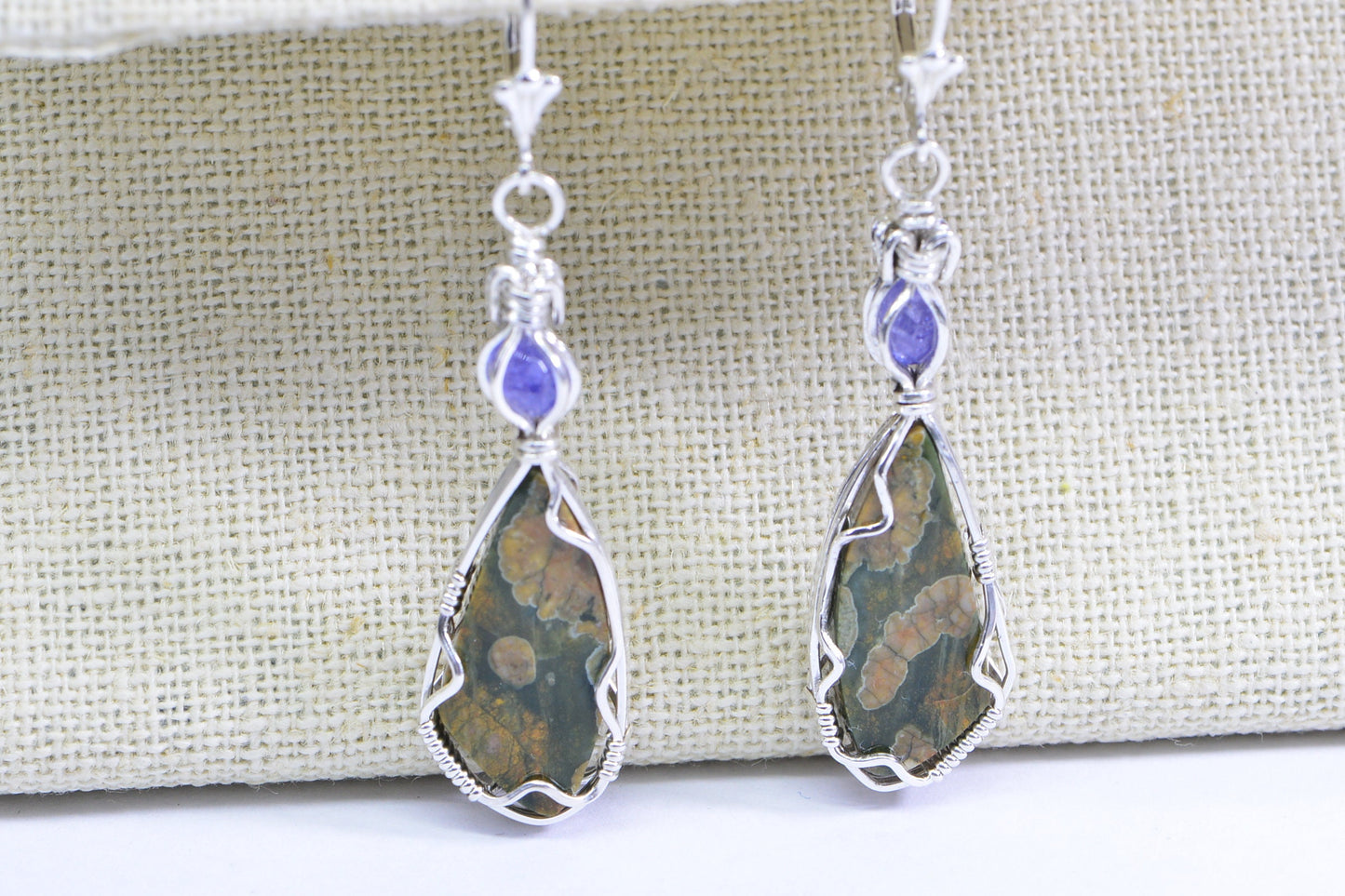Rainforest Jasper Earrings, Sterling Silver Wire Wrapped with Tanzanite