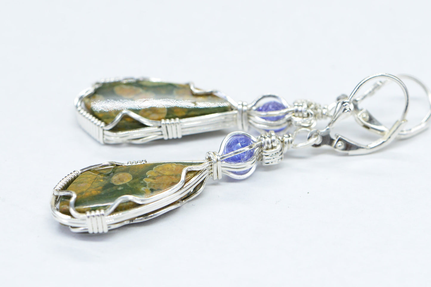 Rainforest Jasper Earrings, Sterling Silver Wire Wrapped with Tanzanite