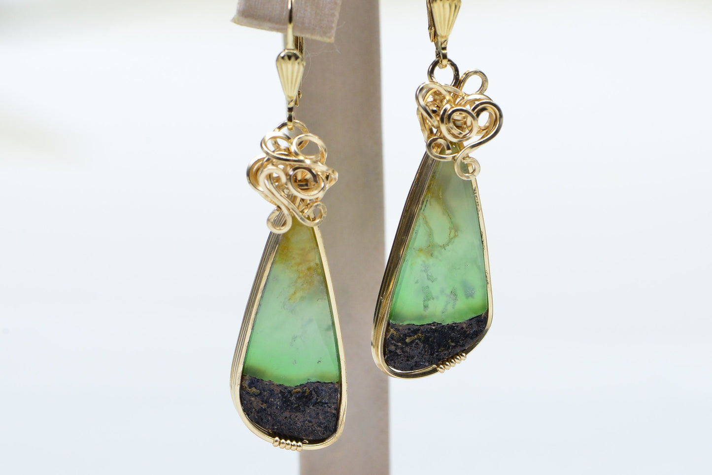 14K Gold Wire Wrapped Chrysoprase Earrings, Australian Teardrop Gemstone