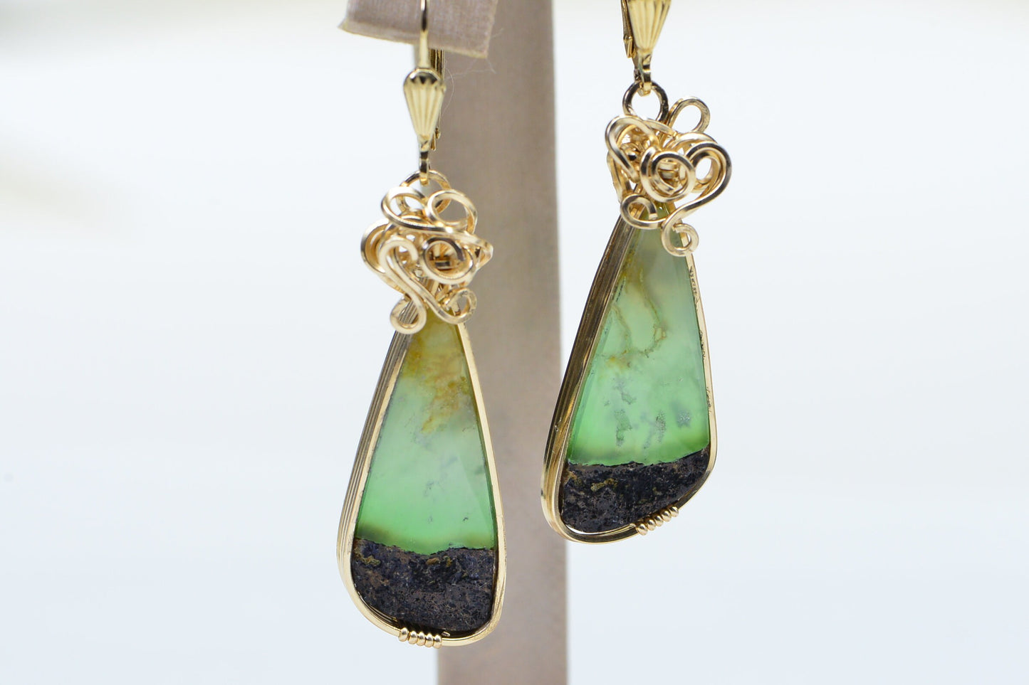 14K Gold Wire Wrapped Chrysoprase Earrings, Australian Teardrop Gemstone