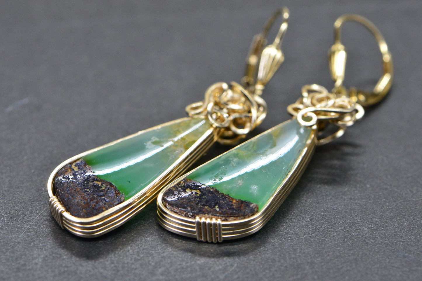 14K Gold Wire Wrapped Chrysoprase Earrings, Australian Teardrop Gemstone