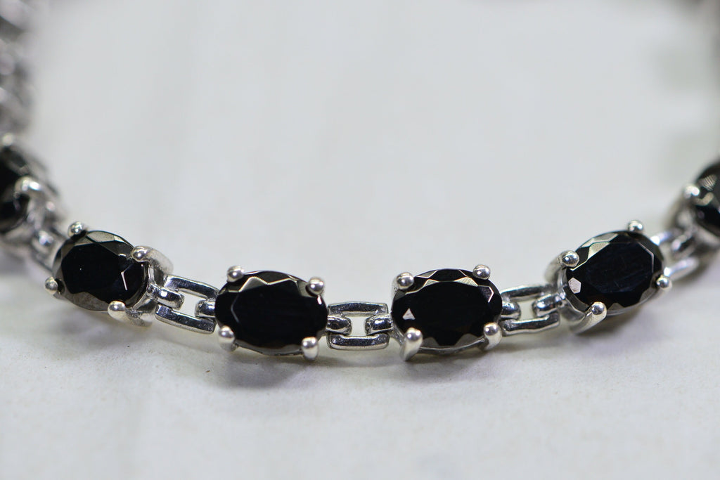Black Onyx Sterling Silver Link Bracelet - Adjustable Gemstone