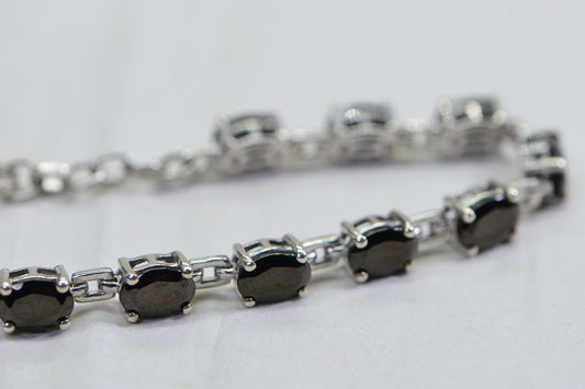 Black Onyx Sterling Silver Link Bracelet - Adjustable Gemstone
