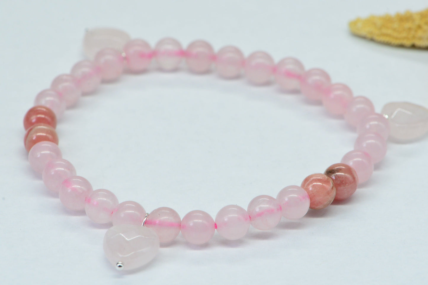 Rose Quartz Rhodochrosite Bracelet: Pink Gemstone Stretch Bracelet with Heart Charms