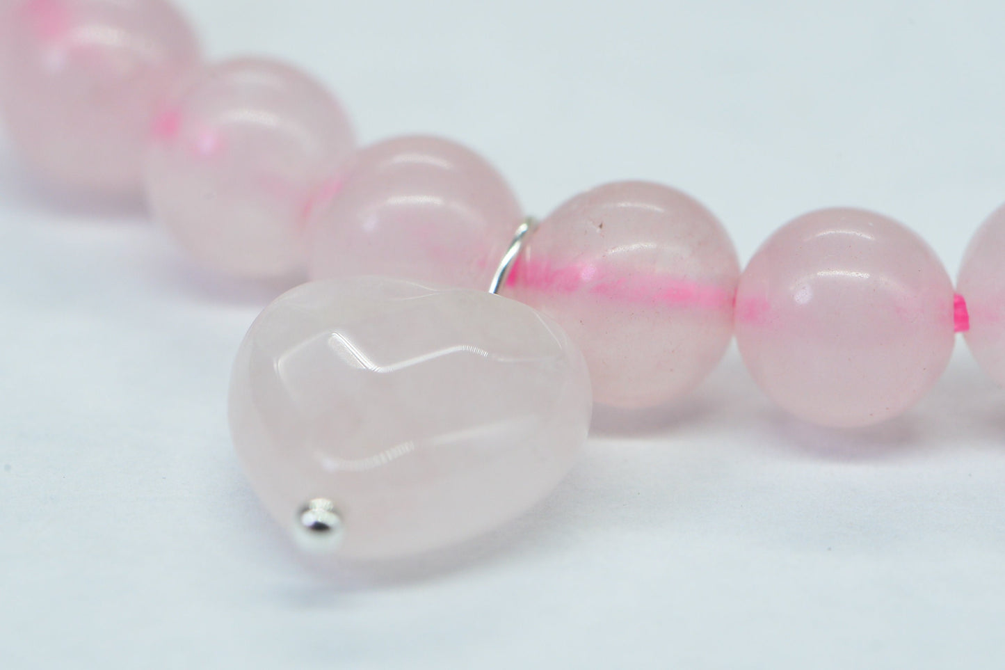 Rose Quartz Rhodochrosite Bracelet: Pink Gemstone Stretch Bracelet with Heart Charms
