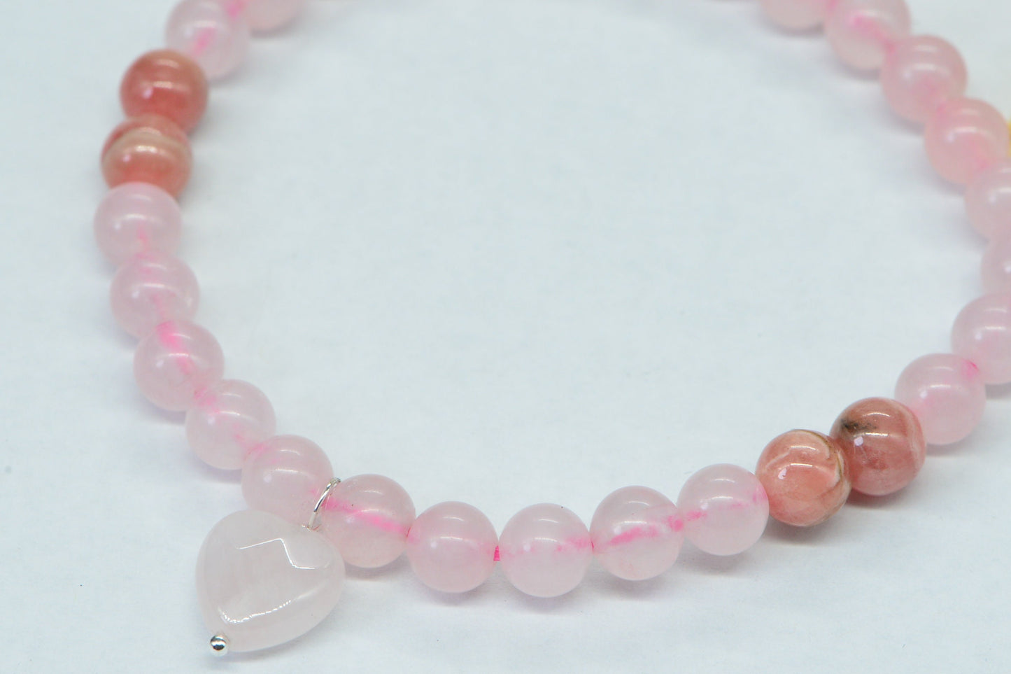 Rose Quartz Rhodochrosite Bracelet: Pink Gemstone Stretch Bracelet with Heart Charms