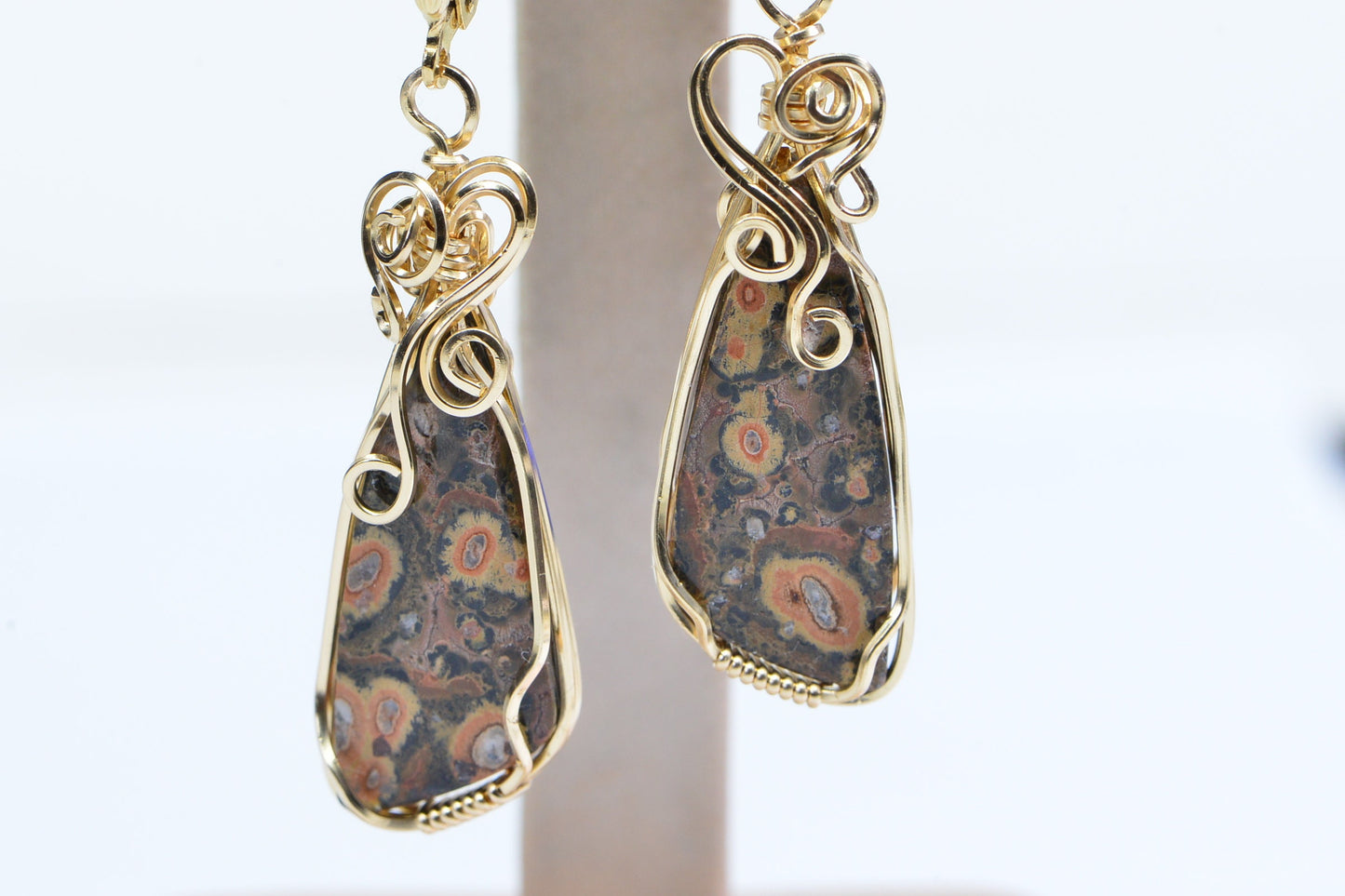 Leopard Skin Jasper Wire Wrapped 14K Yellow Gold Filled Sculpture Wire Art Earrings