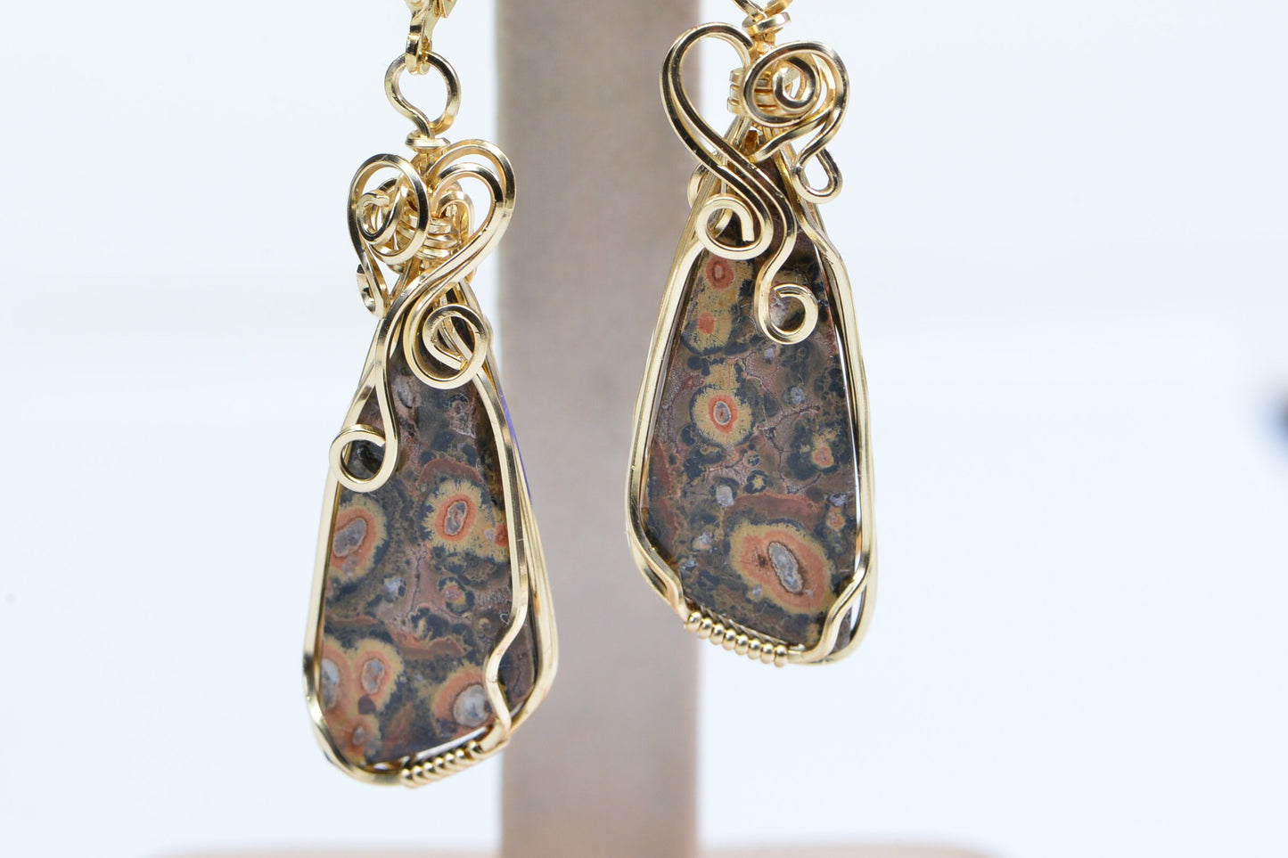 Leopard Skin Jasper Wire Wrapped 14K Yellow Gold Filled Sculpture Wire Art Earrings