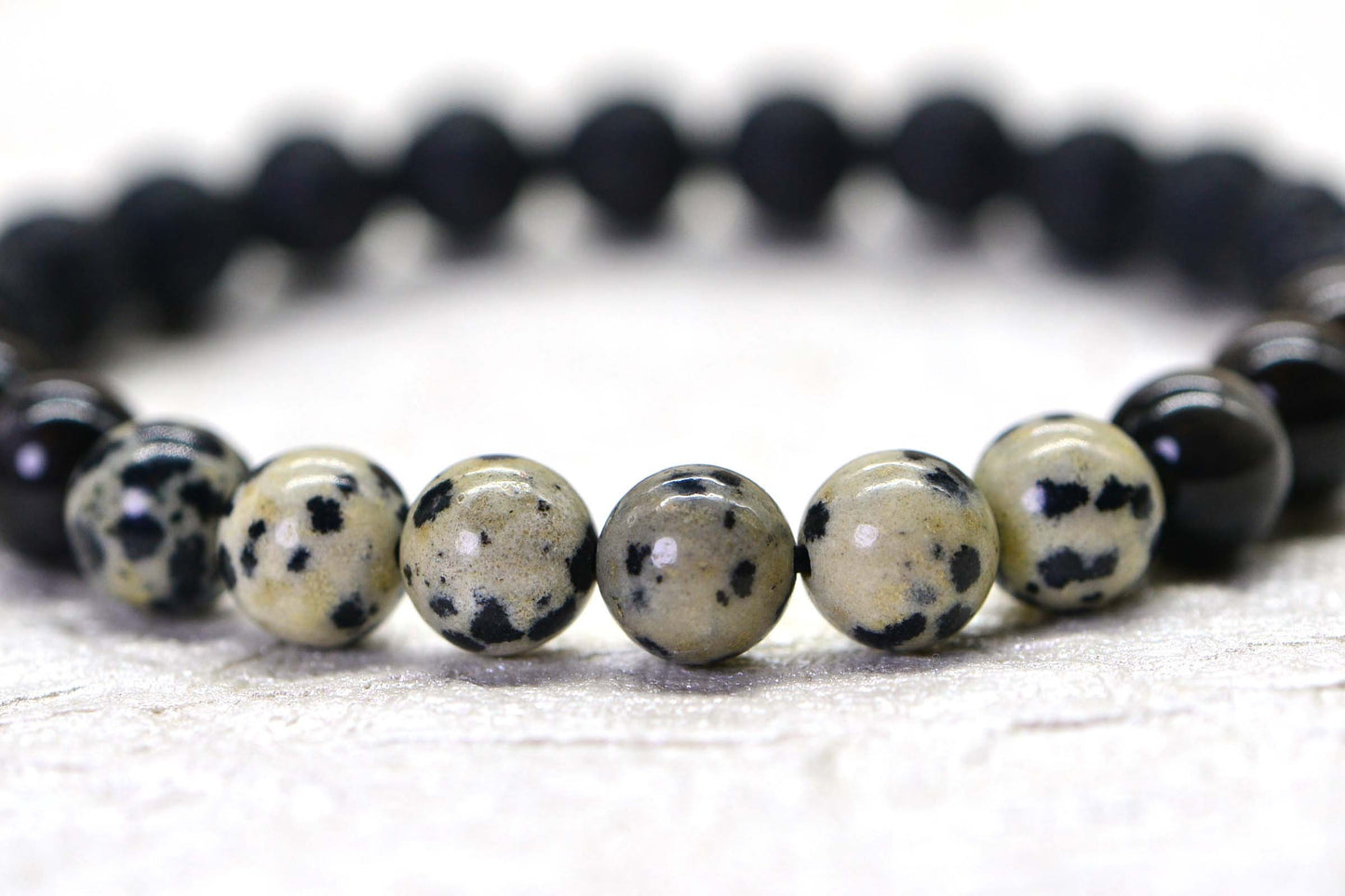 Dalmation Jasper, Black Lava & Obsidian Bracelet: 8mm Gemstone Protection