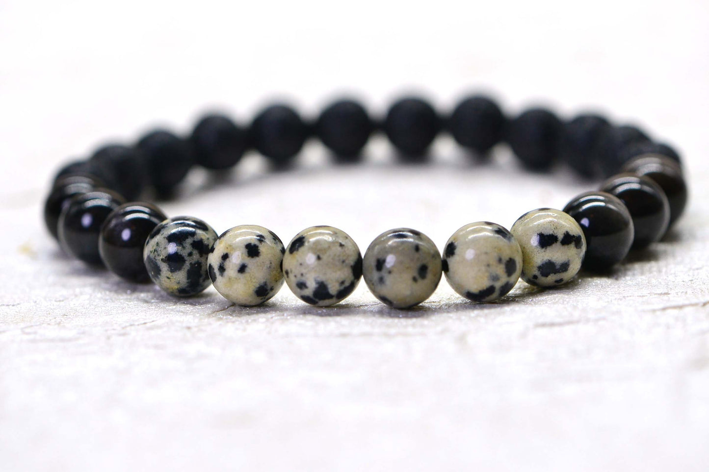 Dalmation Jasper, Black Lava & Obsidian Bracelet: 8mm Gemstone Protection