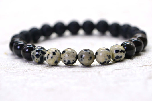 Dalmation Jasper, Black Lava & Obsidian Bracelet: 8mm Gemstone Protection