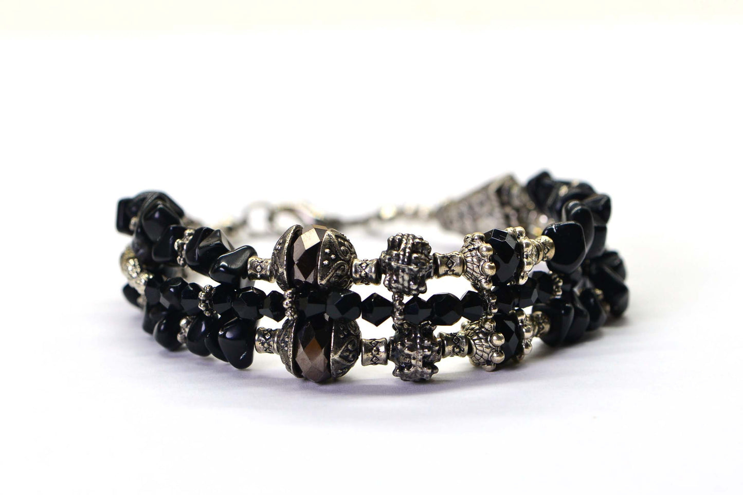 Boho Black Onyx Bracelet: Antique Silver Crystal Multi Strand