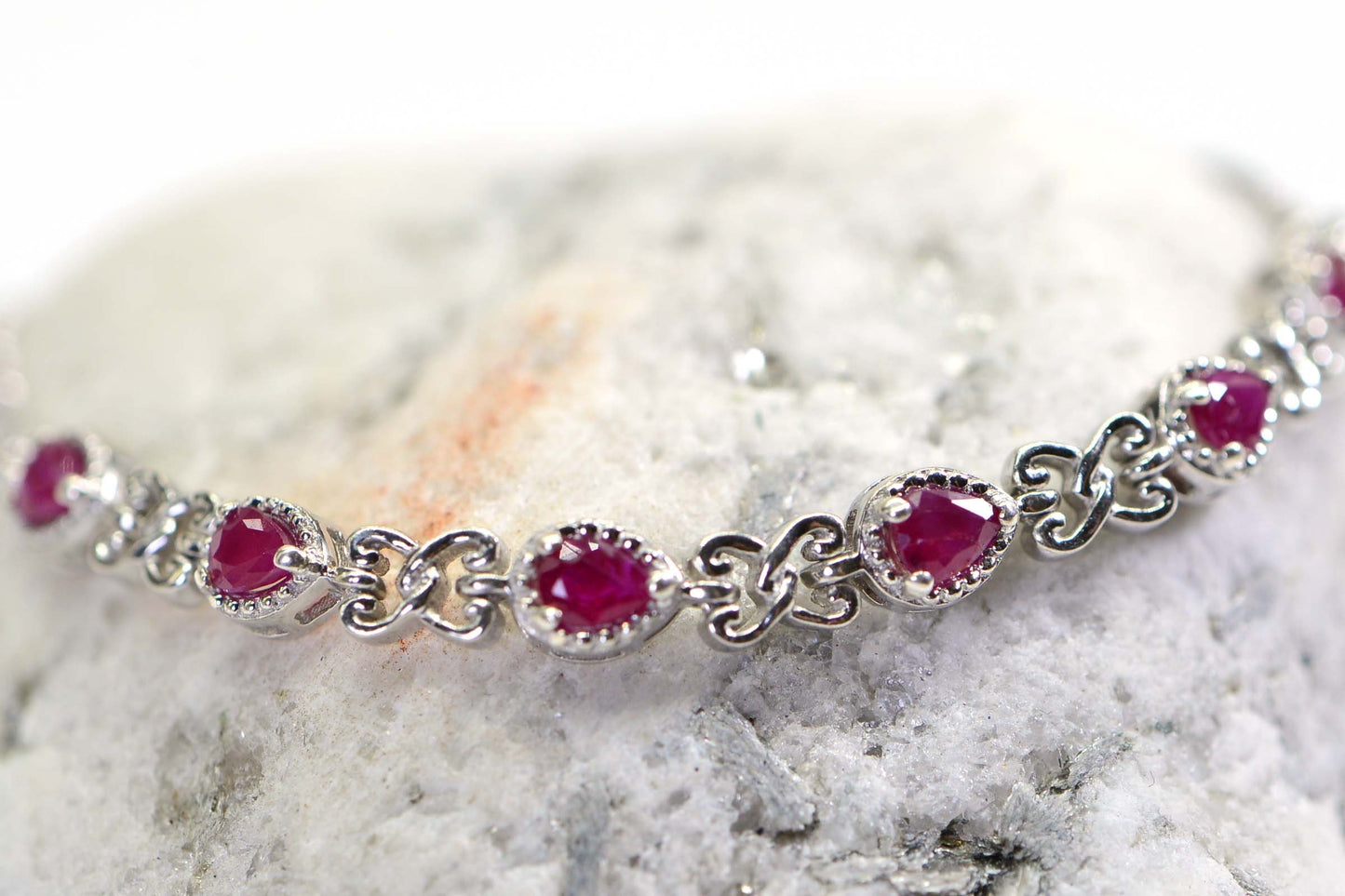 Sterling Silver Ruby Bracelet, Pear Gemstone Link Chain, July Birthstone
