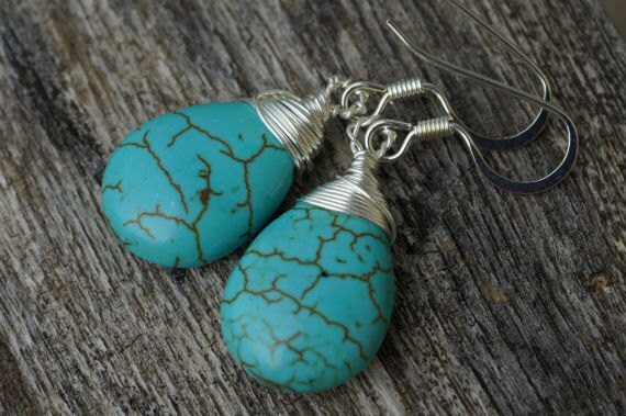 Turquoise Teardrop Earrings: Sterling Silver Plated, Wire Wrapped